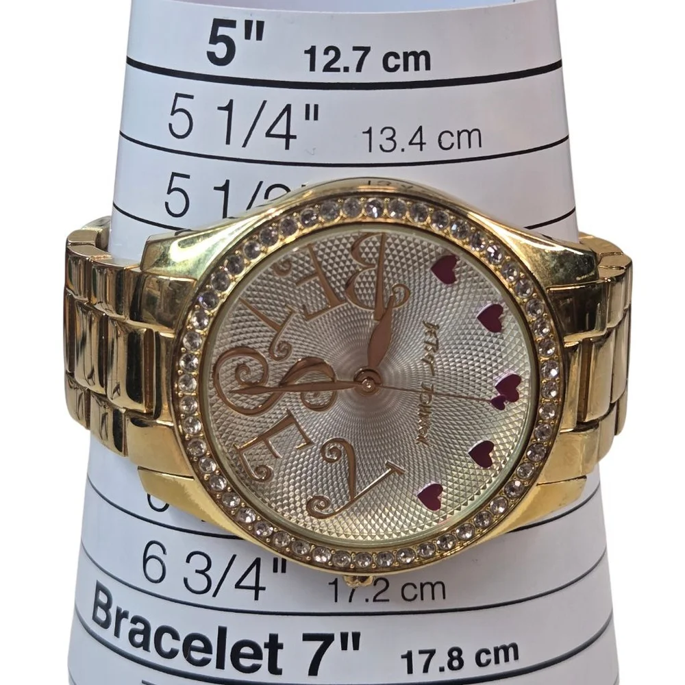 Betsey Johnson Watch GoldTone Crystal Bezel Hearts Battery Works silvertone face